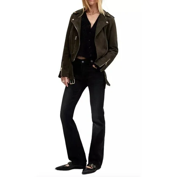 ALL SAINTS $569 Suede Balfern Biker Jacket Size 6 in Tarmac Green